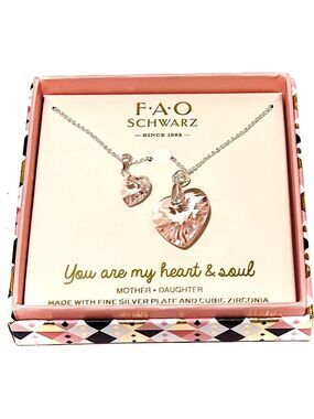 FAO SCHWARZ Mom/Daughter Pink Swarovski Crystal Heart Silver Plated Necklace SET